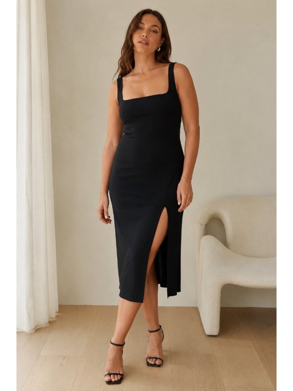 Lulus Davana Midi Dress Sz Large Black Square Neck Cut Out Back Minimalist